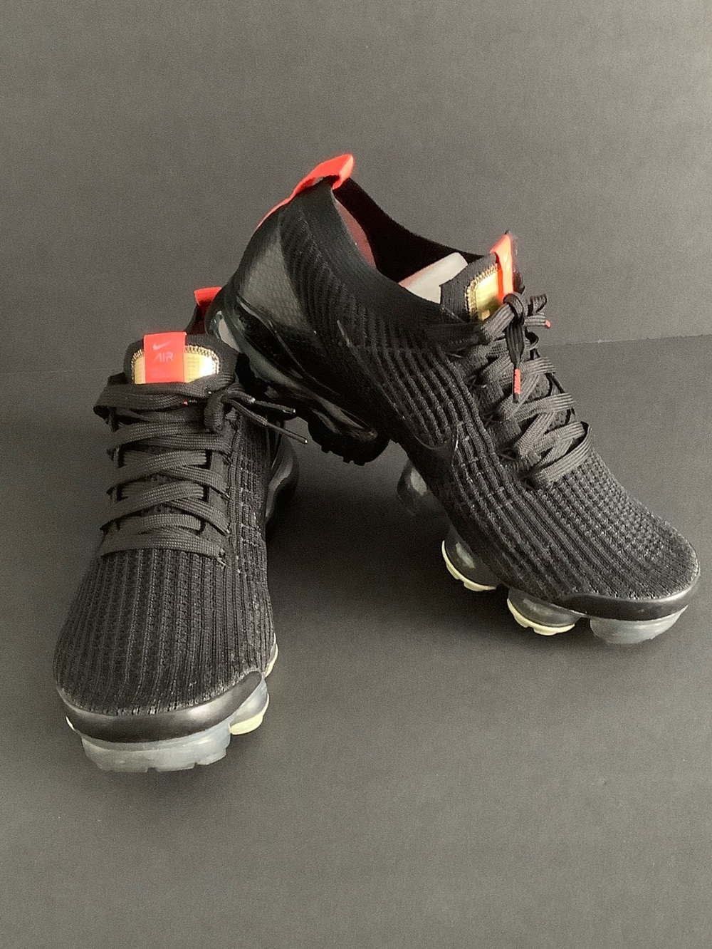 Nike Men’s Black and Orange VaporMax Knit Running Sneakers US: 9